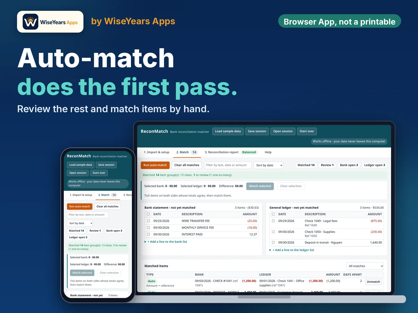 Bank Reconciliation App: ReconMatch Browser Tool, Not a Spreadsheet: auto-match bank and books