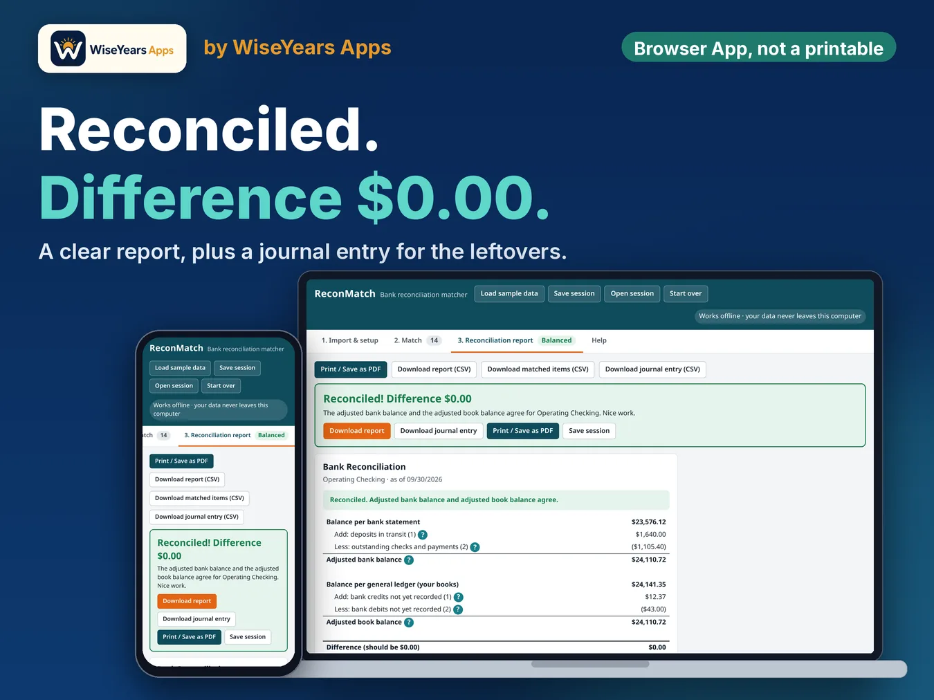 Bank Reconciliation App: ReconMatch Browser Tool, Not a Spreadsheet: finished bank reconciliation report