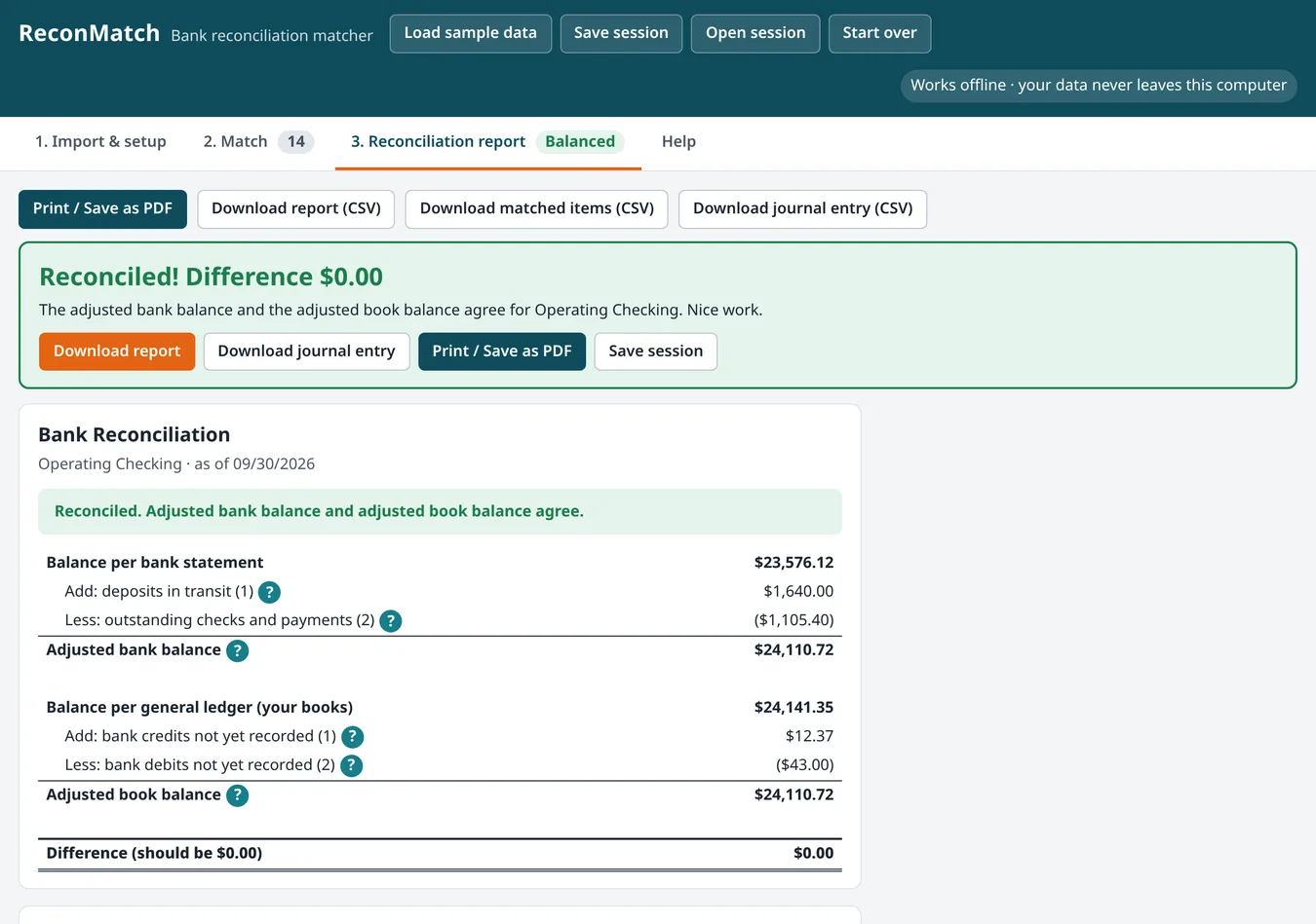 Bank Reconciliation App: ReconMatch Browser Tool, Not a Spreadsheet: real, unedited app screenshot