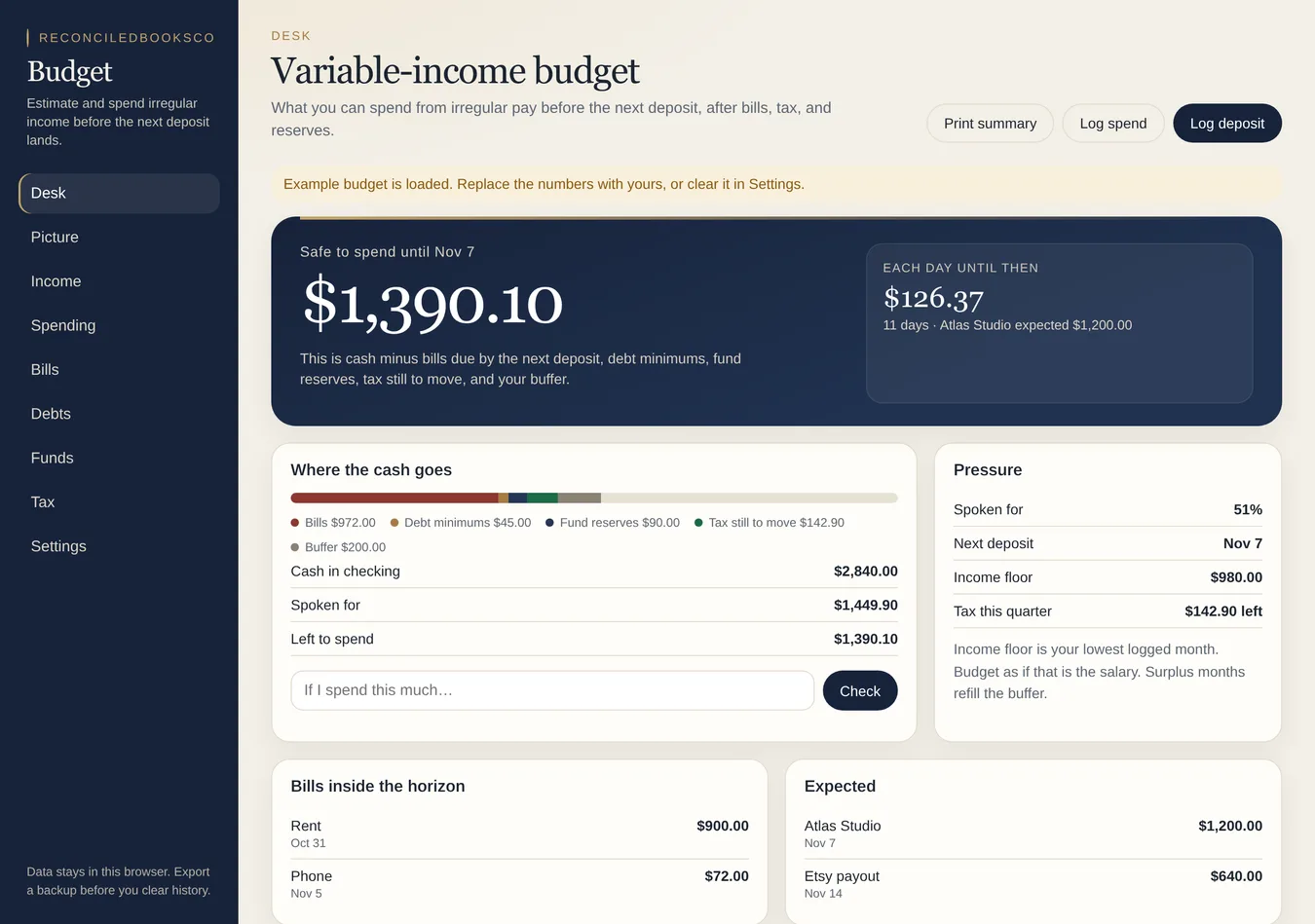 Variable Income Budget App: Safe to Spend Planner, Irregular Pay: real, unedited app screenshot