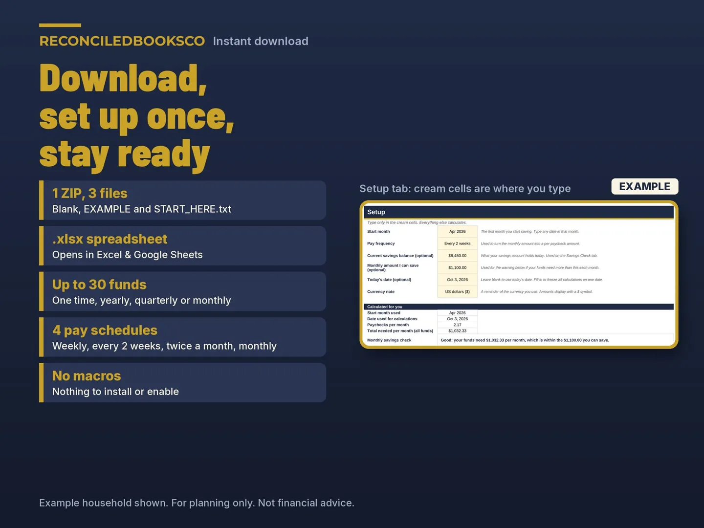 Sinking Funds Tracker Spreadsheet, Paycheck Savings Goals: download sizes