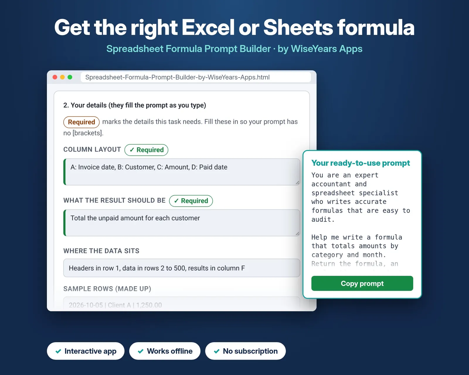 Spreadsheet Formula Prompt Builder cover by WiseYears Apps