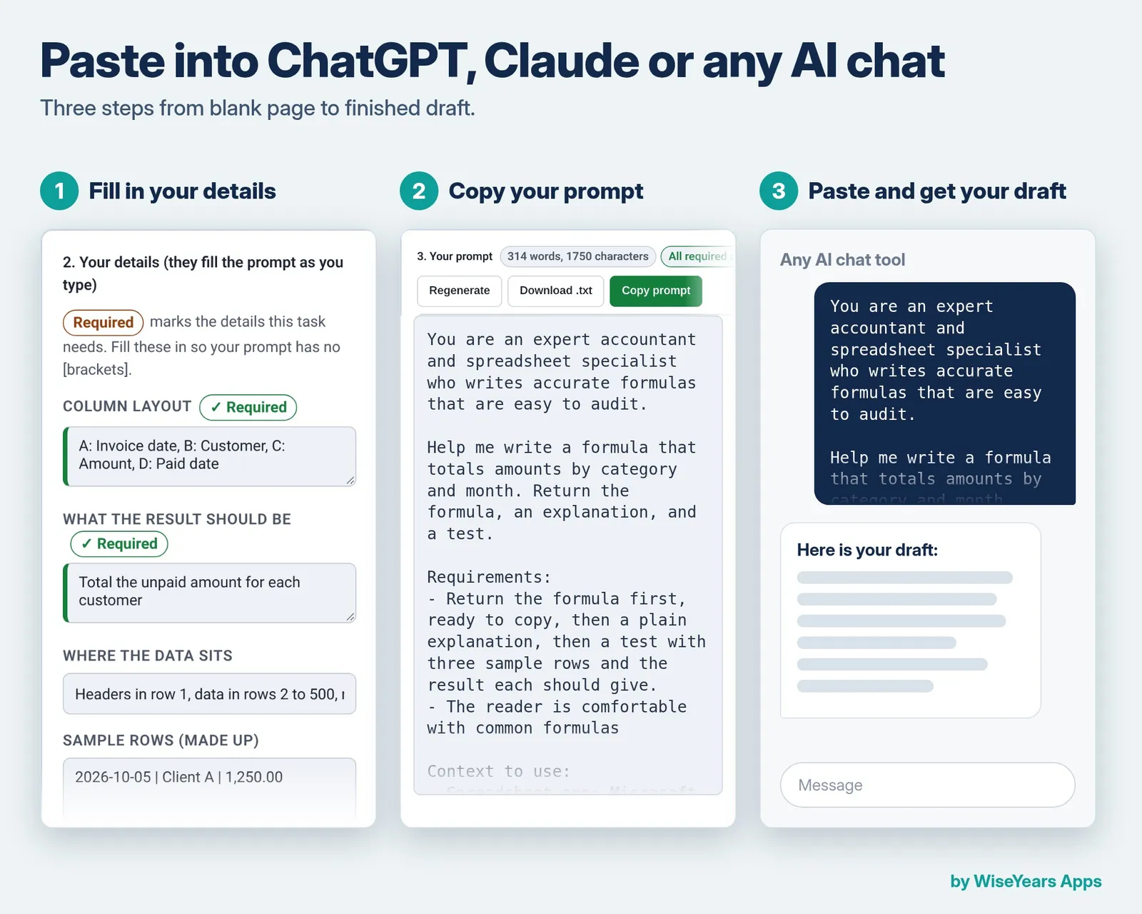 Spreadsheet Formula Prompt Builder: paste into any AI chat