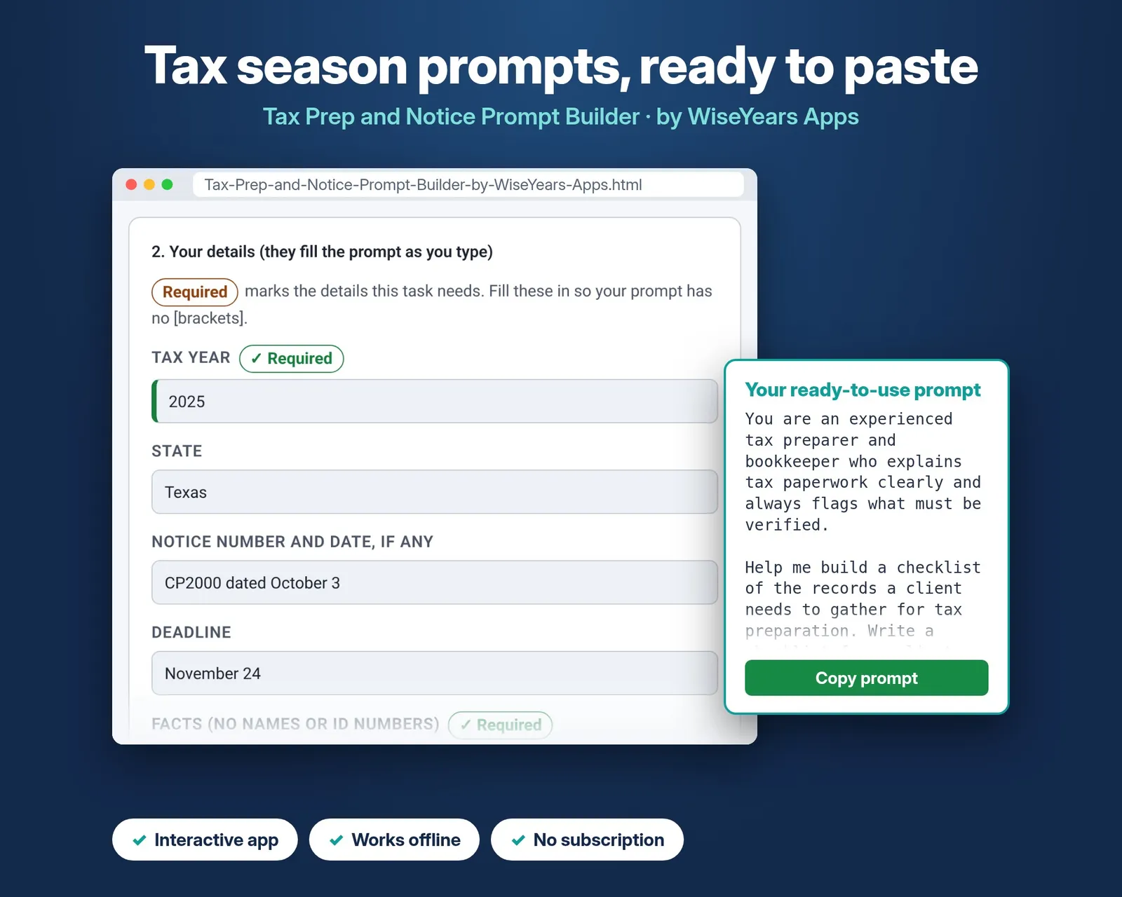 Tax Prep and Notice Prompt Builder cover by WiseYears Apps