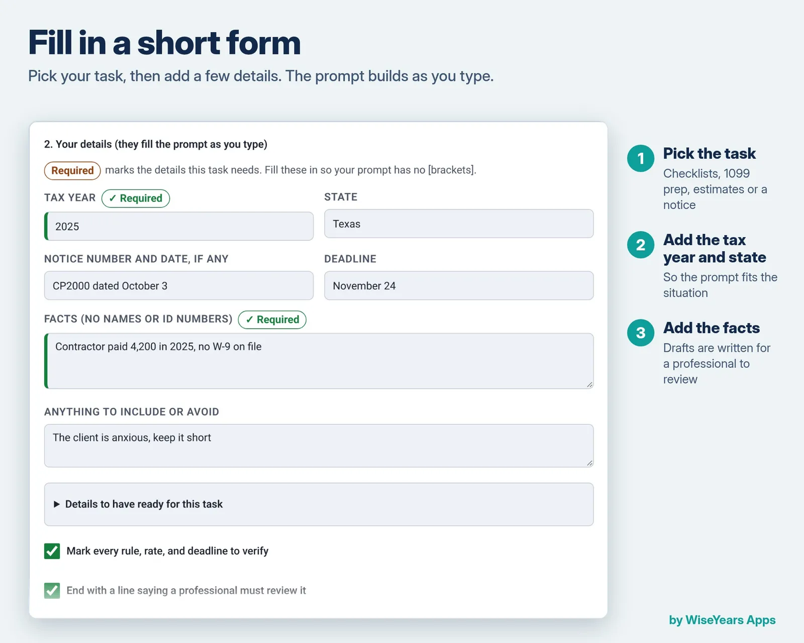 Tax Prep and Notice Prompt Builder: fill in the form