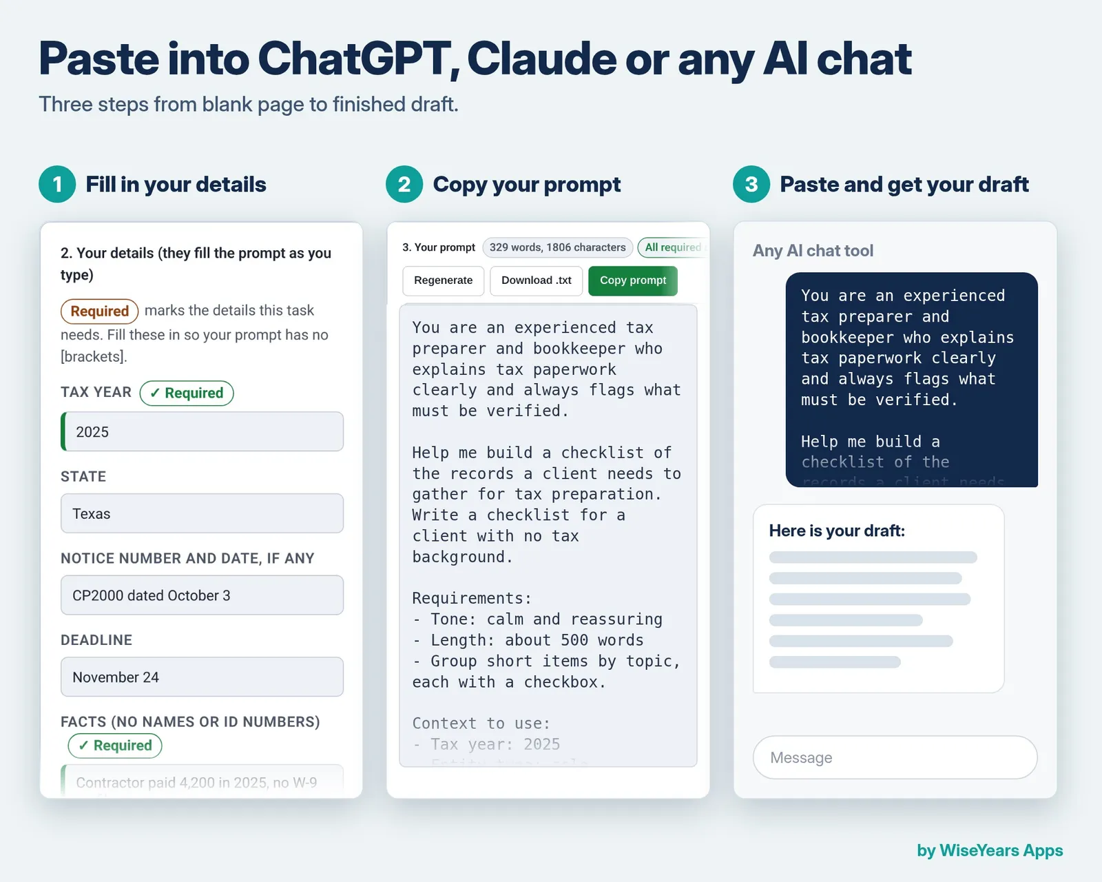 Tax Prep and Notice Prompt Builder: paste into any AI chat
