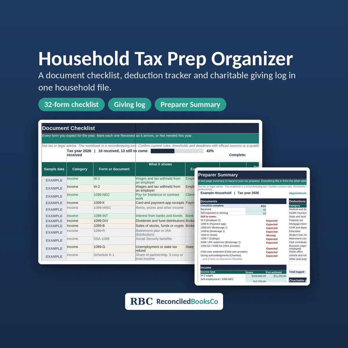 Tax Prep Organizer Spreadsheet 2026 for Excel and Sheets cover: tax prep organizer spreadsheet 2026 for Excel and Google Sheets