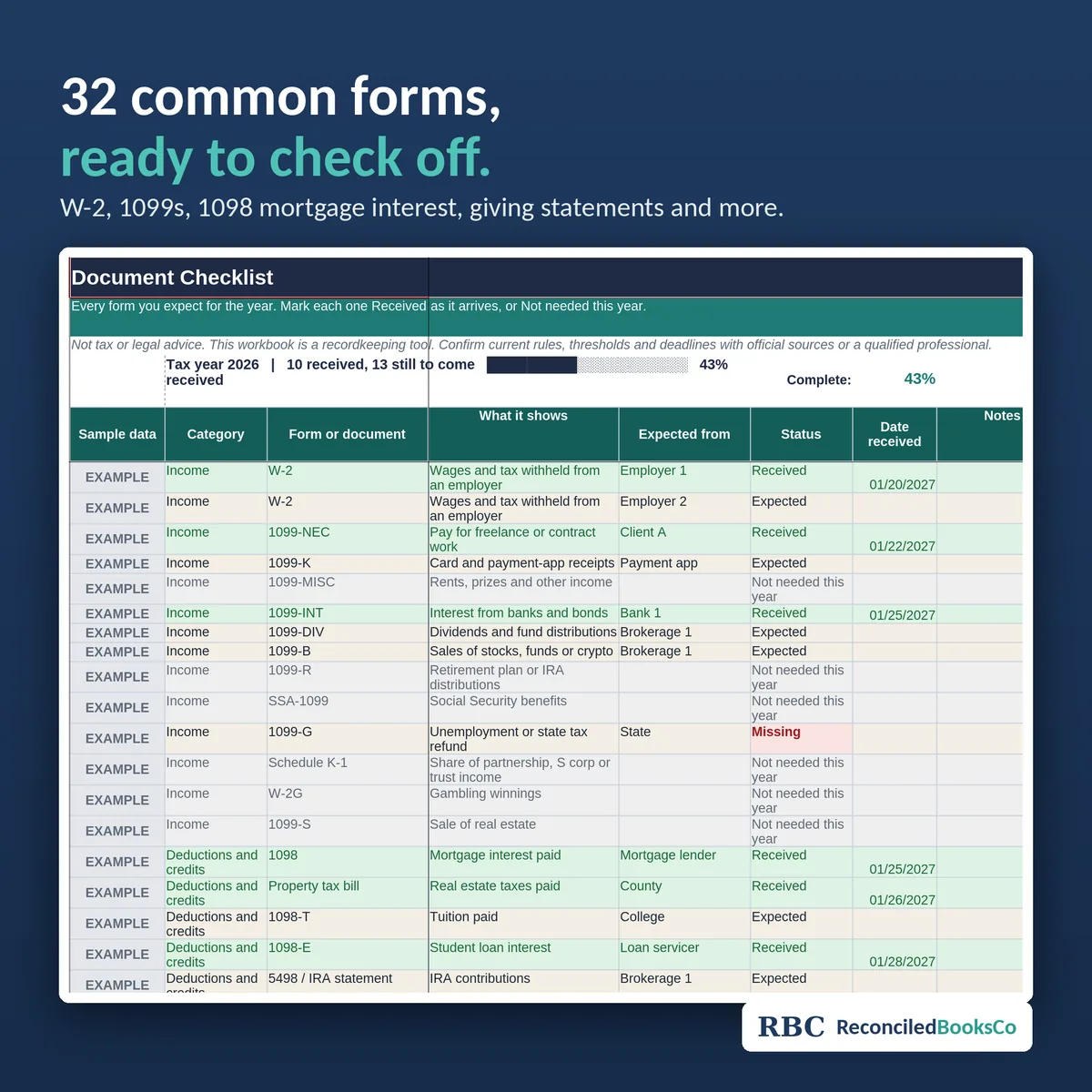 Tax Prep Organizer Spreadsheet 2026 for Excel and Sheets: document checklist