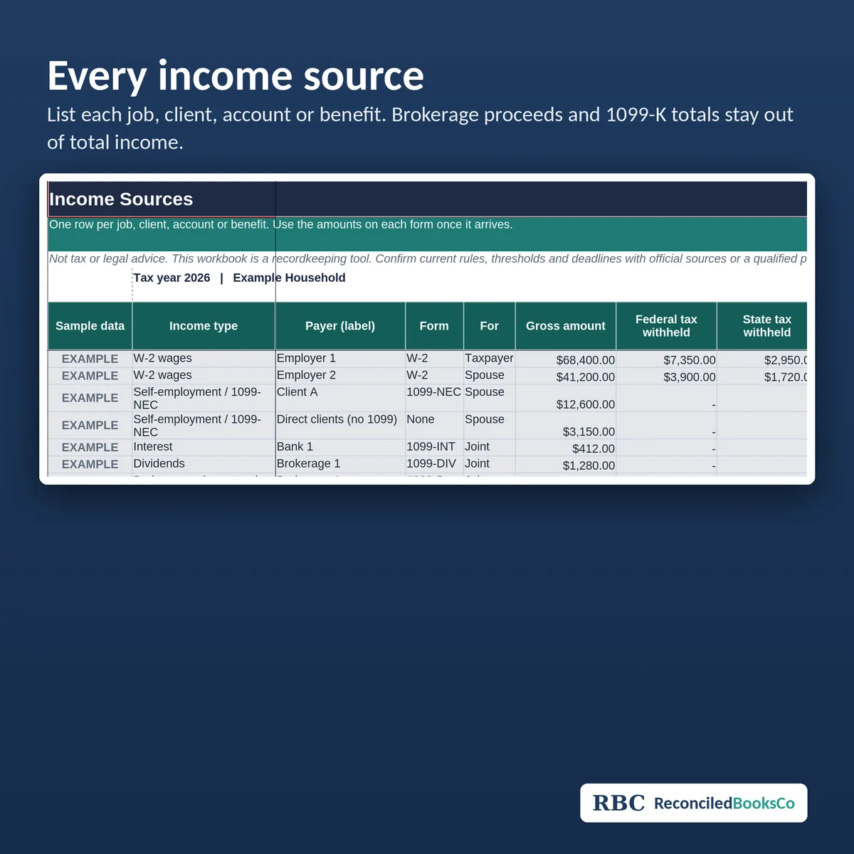 Tax Prep Organizer Spreadsheet 2026 for Excel and Sheets: income sources