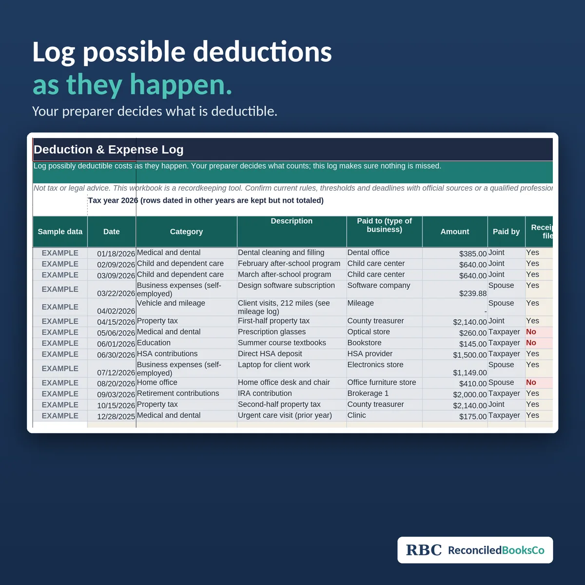 Tax Prep Organizer Spreadsheet 2026 for Excel and Sheets: deduction and expense log