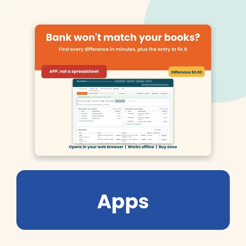 Apps. Church Treasurer, bank reconciliation, a safe-to-spend planner, and bookkeeping prompt builders. These are apps, not spreadsheets.