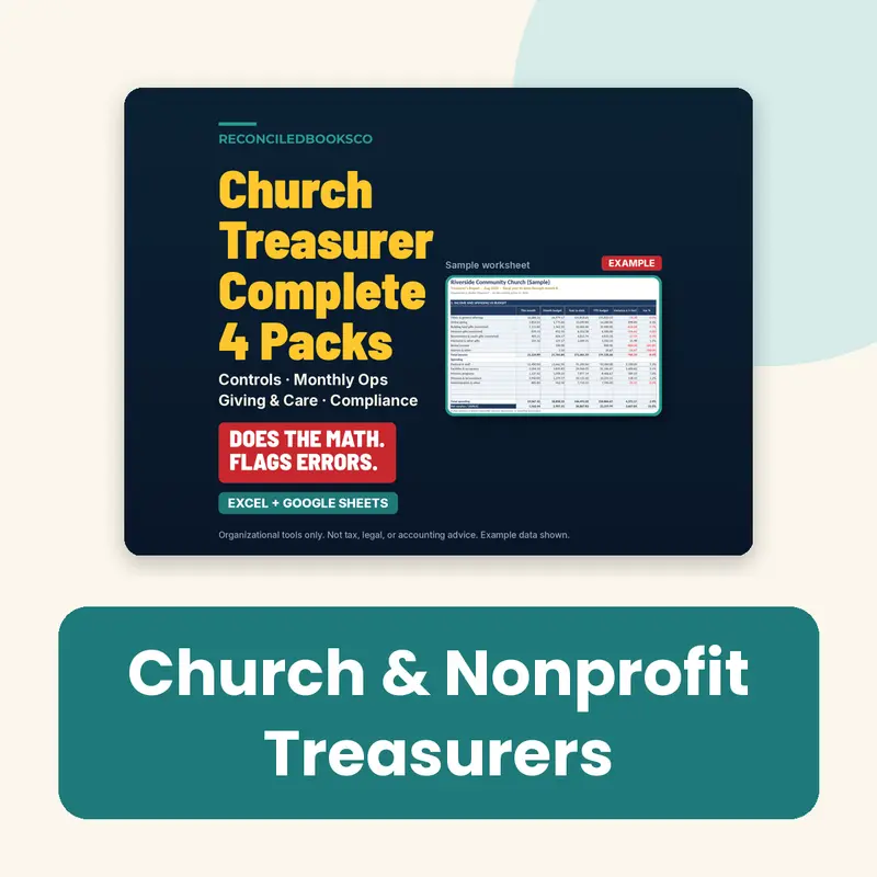 Church and Nonprofit Treasurers. Offering counts, restricted funds, bank reconciliation, and board reports.