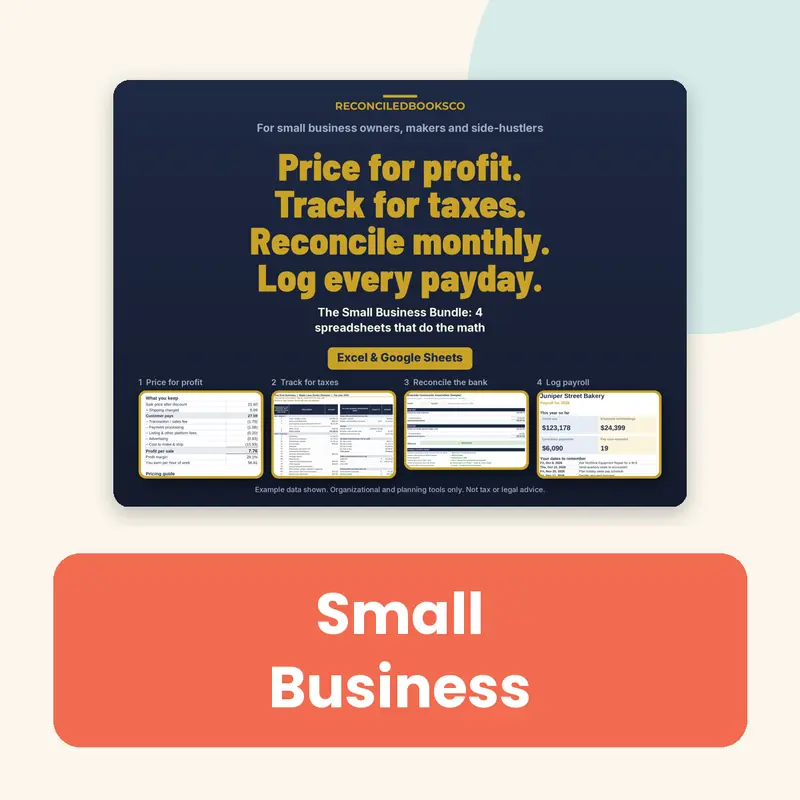 Small Business. Income, expenses, mileage, a payroll log, and a monthly close.